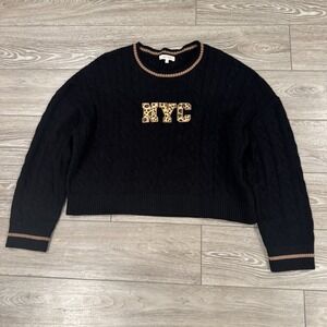 Stella Tweed NYC‎ Sweater XL Black Cable Knit Leopard Logo Y2K City Girl